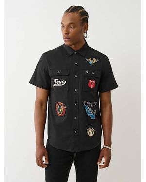 True Religion Mineral Patch Henley Shirt in Black for Men | Lyst