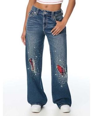 TRUE RELIGION Bobbi Mid Rise Crystal Plaid Big T Flap Baggy Jean - Blue