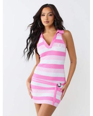 TRUE RELIGION Striped Polo Mini Dress - Pink