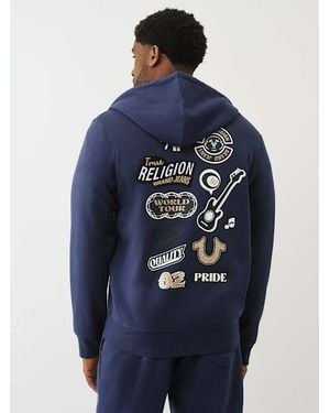 TRUE RELIGION Embroidered Patch Horseshoe Zip Hoodie - Blue