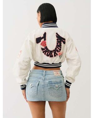 TRUE RELIGION 'i Love ' Cropped Varsity Jacket - White