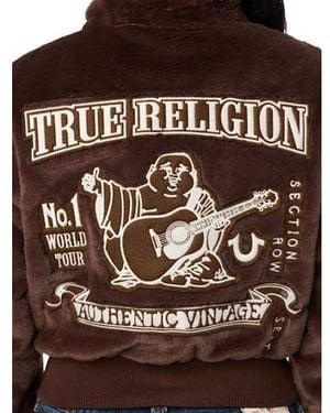 TRUE RELIGION Embroidered Faux Fur Zip-up Jacket - Brown
