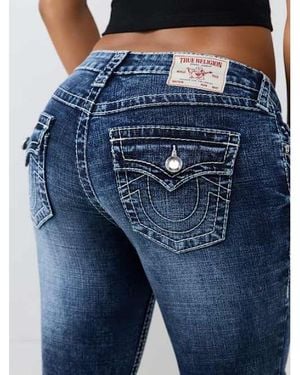 TRUE RELIGION Becca Mid Rise Crystal Big T Flap Bootcut Jean - Blue
