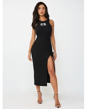 TRUE RELIGION Ruched Ribbed Midi Dress - Black