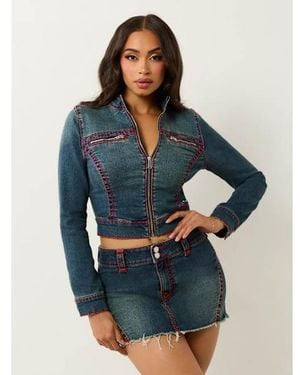 TRUE RELIGION Shrunken Super T Denim Moto Jacket - Blue