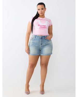 TRUE RELIGION Plus Jennie Mid Rise Super T Flap Curvy Short - Blue