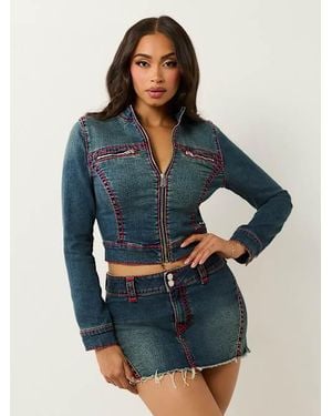 TRUE RELIGION Shrunken Super T Denim Moto Jacket - Blue