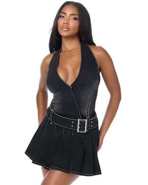 TRUE RELIGION Low Plunge Pleated Denim Dress - Black