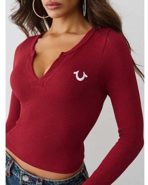 TRUE RELIGION Seamless V-notch Long Sleeve Top - Red