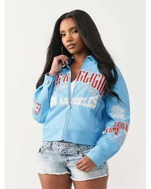 TRUE RELIGION Branded Faux Leather Varsity Jacket - Blue