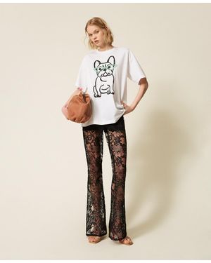 Twinset Myfo Flared Trousers With Lace And Embroidery - Natural
