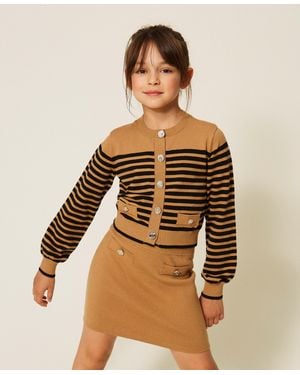 Twinset Cardigan En Maille Rayée, Femme, Rayure Marron "Iced Coffee"/Noir