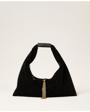 Twinset Suede Trapezoid-Shape Hobo Bag With Tassel - Black
