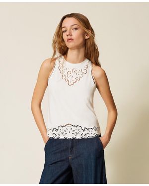 Twinset Top With Inlaid Embroidery - White