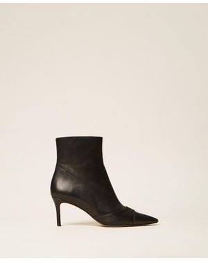 Twinset Leather Ankle Boots With Logo - Natural
