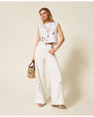 Twinset T-Shirt With Broderie Anglaise Embroidery - Natural
