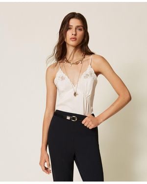 Twinset Envers Satin Top With Embroidery - Natural