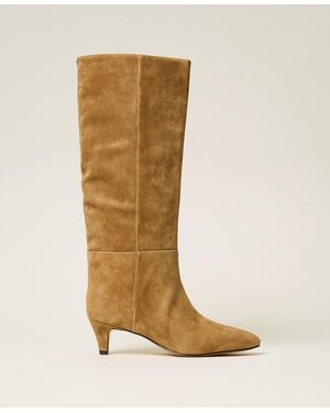 Twinset High Suede Boots, "Oak" - Natural