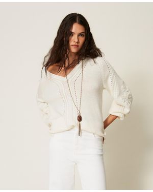 Twinset Pullover Aus Wollmischung Mit Stickerei - Natur