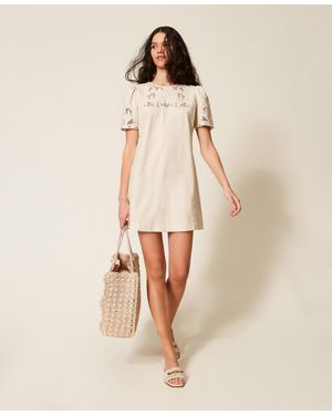 Twinset Short Linen Blend Dress With Embroidery - Natural