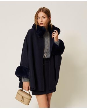Twinset Poncho En Drap Avec Fausse Fourrure - Bleu