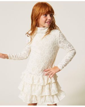 Twinset Short Lace Dress With Flounces - Natural