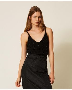 Twinset Top De Mezcla De Lana Cepillada Con Bordado - Negro