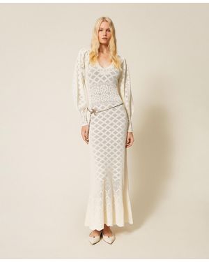 Twinset Long Knit Dress With Floral Pattern - Natural