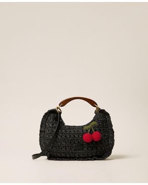 Twinset Crochet Raffia Croissant Bag With Cherries - Black