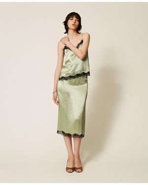 Twinset Midi Froissé Satin And Lace Skirt - Natural
