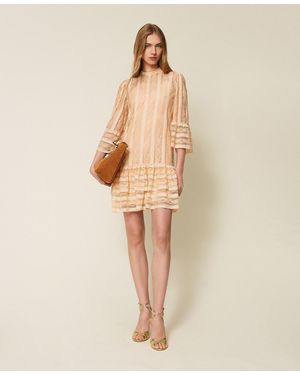 Twinset Short Striped Lace Dress With Belt - Natural