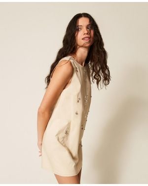 Twinset Short Poplin Dress With Embroidery - Natural