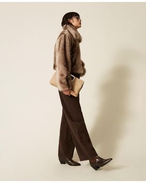 Twinset Faux Fur Jacket With Fadeout Print - Natural