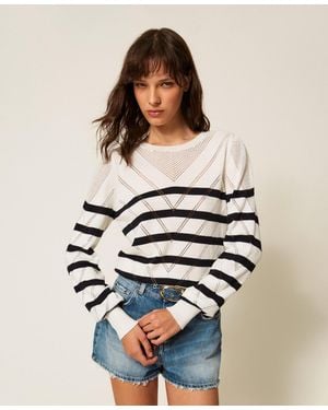Twinset Striped Cotton And Cashmere Crew Neck Jumper - White