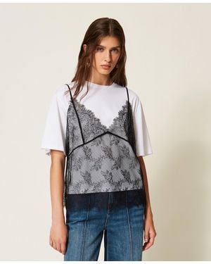 Twinset Crew Neck T-Shirt And Lace Top - Grey