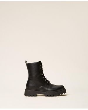 Twinset Leather Combat Boots With Logo - Natural