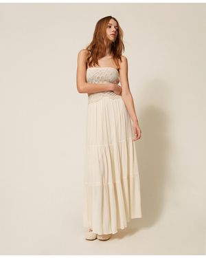 Twinset Long Crochet And Muslin Dress - Natural