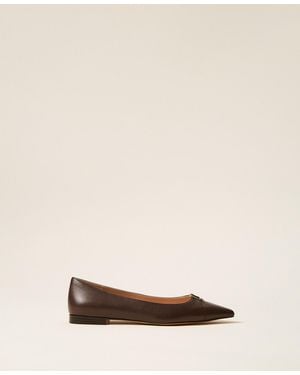 Twinset Leather Ballerina Flats With Logo - Natural