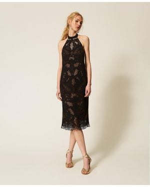 Twinset Long Mesh Dress With Embroidery - Natural