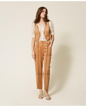Twinset Suede Trousers With Embroidery - Natural