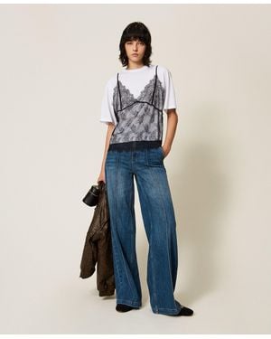 Twinset Vaqueros De Pernera Ancha Con Nervaduras, Mujer, Azul "Denim Medio"
