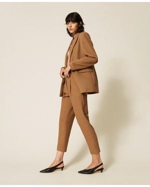 Twinset Wool Blend Trousers With Chevron Pattern - Natural
