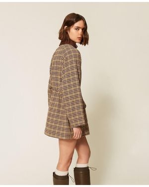 Twinset Houndstooth Jacquard Parka Coat - Natural