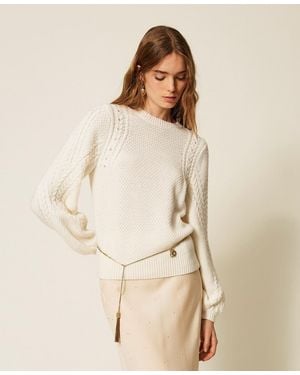 Twinset Pull En Laine Mélangée Avec Torsades Et Strass - Neutre