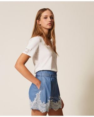 Twinset T-Shirt With Lace Inlay - Blue