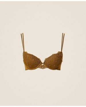 Twinset Embroidered Tulle Push-Up Bra With Bows - Brown