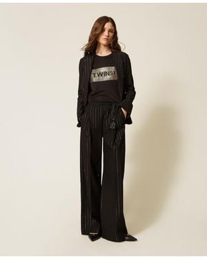 Twinset Wide Lurex Pinstripe Trousers - Black