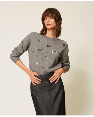 Twinset Jersey De Cuello Redondo Con Bordado, Mujer - Gris