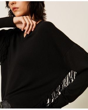 Twinset Jersey De Jacquard Con Flecos, Mujer - Negro