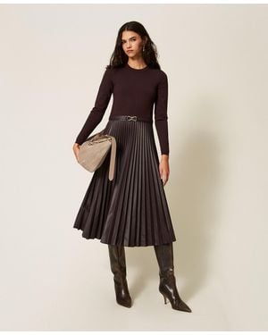 Twinset Long Knit Dress With Leather Effect - Natural